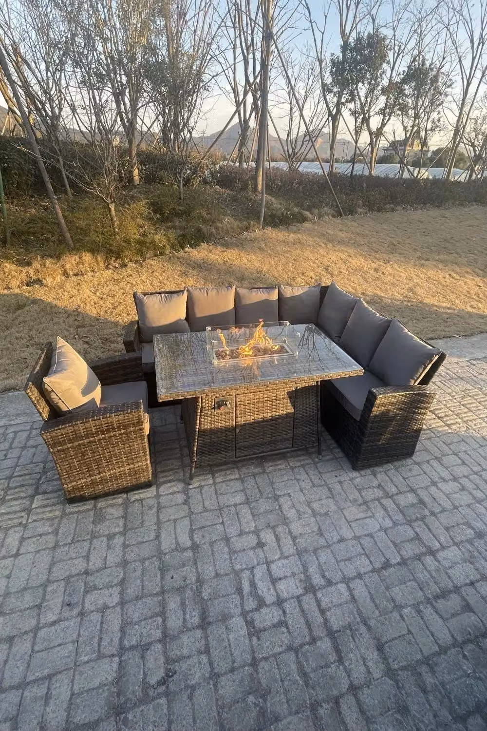Fimous 7 Seater High Back Rattan Corner Sofa Set with Gas Fire Pit Dining Table in Dark Grey – 2