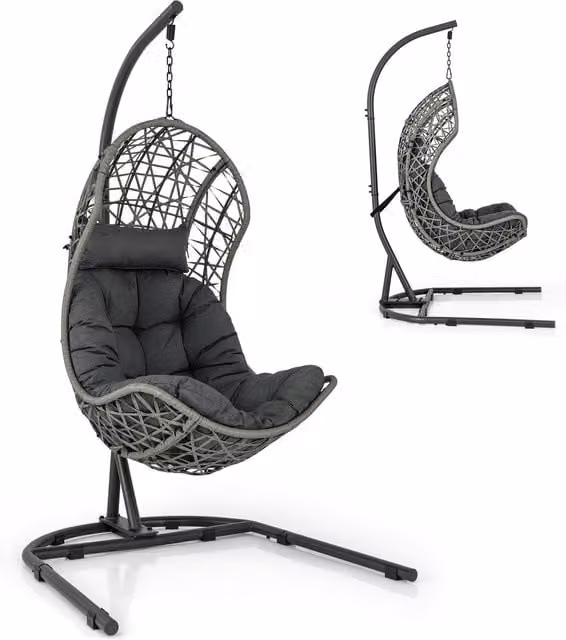 Costway Modern Grey Rattan Hanging Egg Chair with Metal Stand