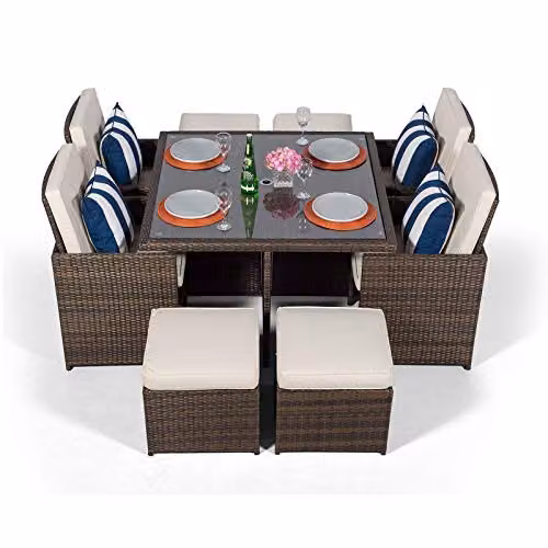 Giardino Brown Rattan Cube Garden Dining Set with Table, Chairs, 4 Stools, Parasol and Cover, W/D: 120 x 120 cm – 2