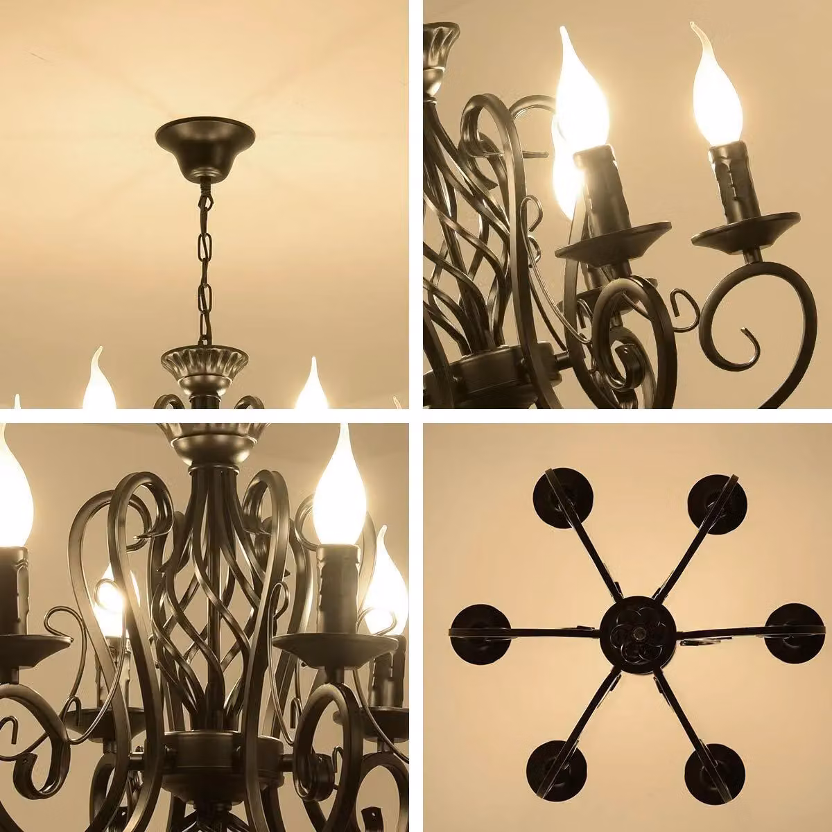Garwarm Vintage 6-Light Metal Candle Chandelier Pendant Light in Black – 3