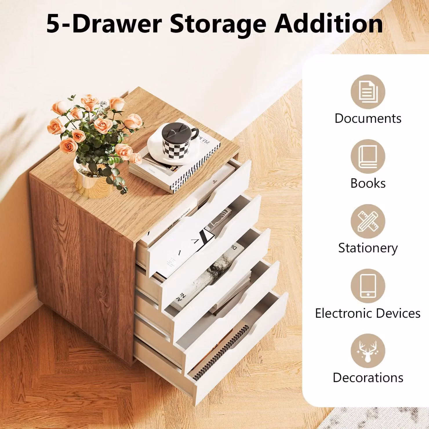Costway 5 Drawer Rolling Dresser Storage Cabinet with Lockable Wheels in Sand – 2