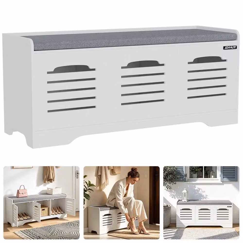 EONLION 3 Door Shoe Bench and Storage Cabinet Organiser in White, Width: 100 cm – 4
