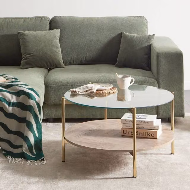 Wyld and Coco Gold Round Glass Top Coffee Table, Diameter: 80 cm, Height: 45 cm