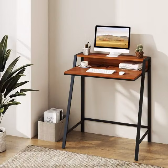 Gymax Compact Brown Computer Desk with Monitor Stand