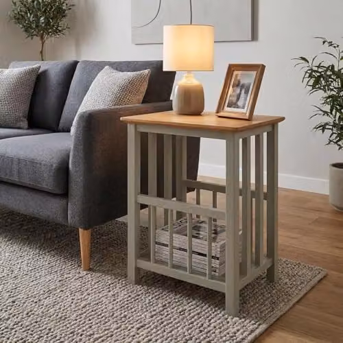 FWStyle Taberno Sage Green Oak Side Table with Magazine Rack W/D/H: 55 x 45 x 35 cm – 2