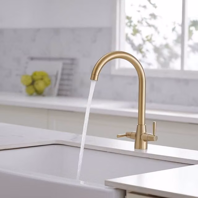 Heable Brushed Gold Dual Lever Kitchen Mixer Tap with Swivel Spout