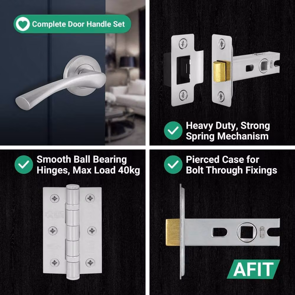 AFIT Novi Satin Nickel Door Handle Set with Rose Latch and Hinge, 5 Pairs, Silver, Size: 150 x 150 mm – 3
