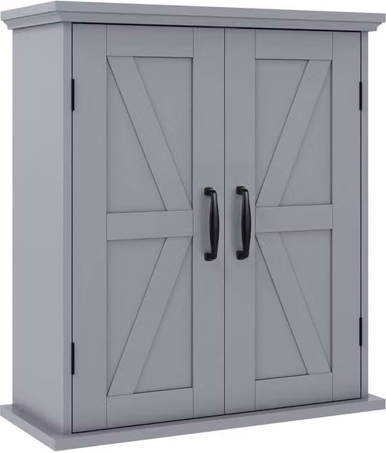 VOGREX Grey Farmhouse Wall Mounted Bathroom Cabinet with 2 Hinged Doors and Internal Shelves – 1