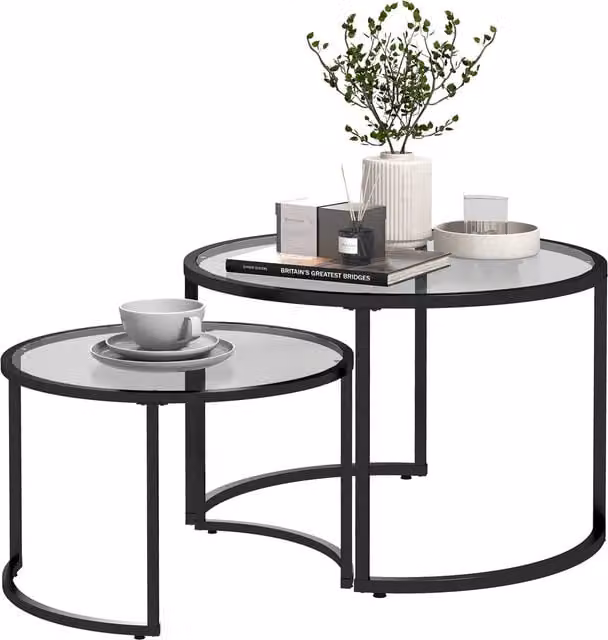 HOMCOM Set of 2 Round Nesting Coffee and Side Tables with Tempered Glass Surfaces and Black Painted Steel Frame