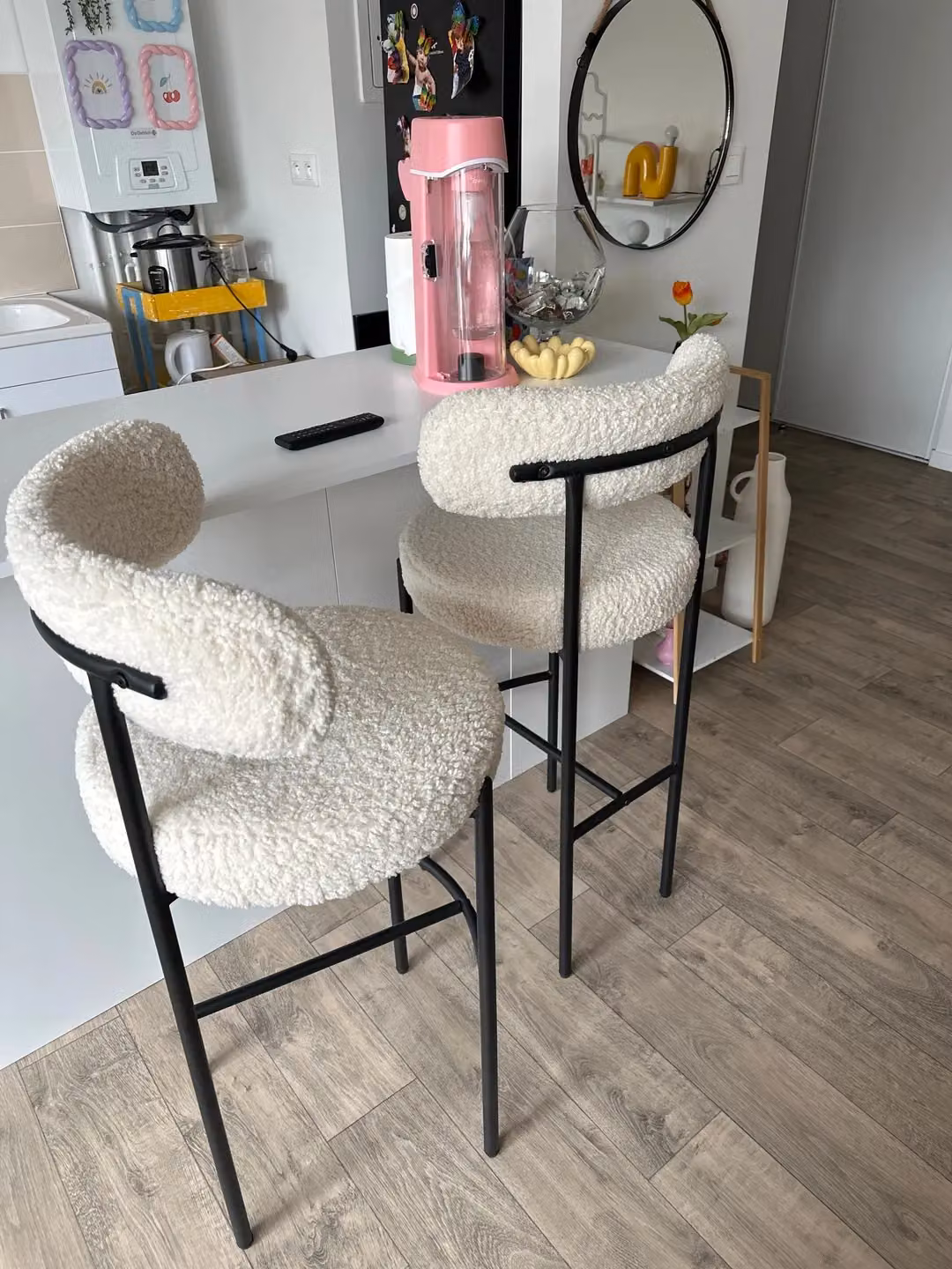 Nordlys Set of 2 Scandinavian Metal and Bouclé Fabric Bar Stools in White and Black – 3