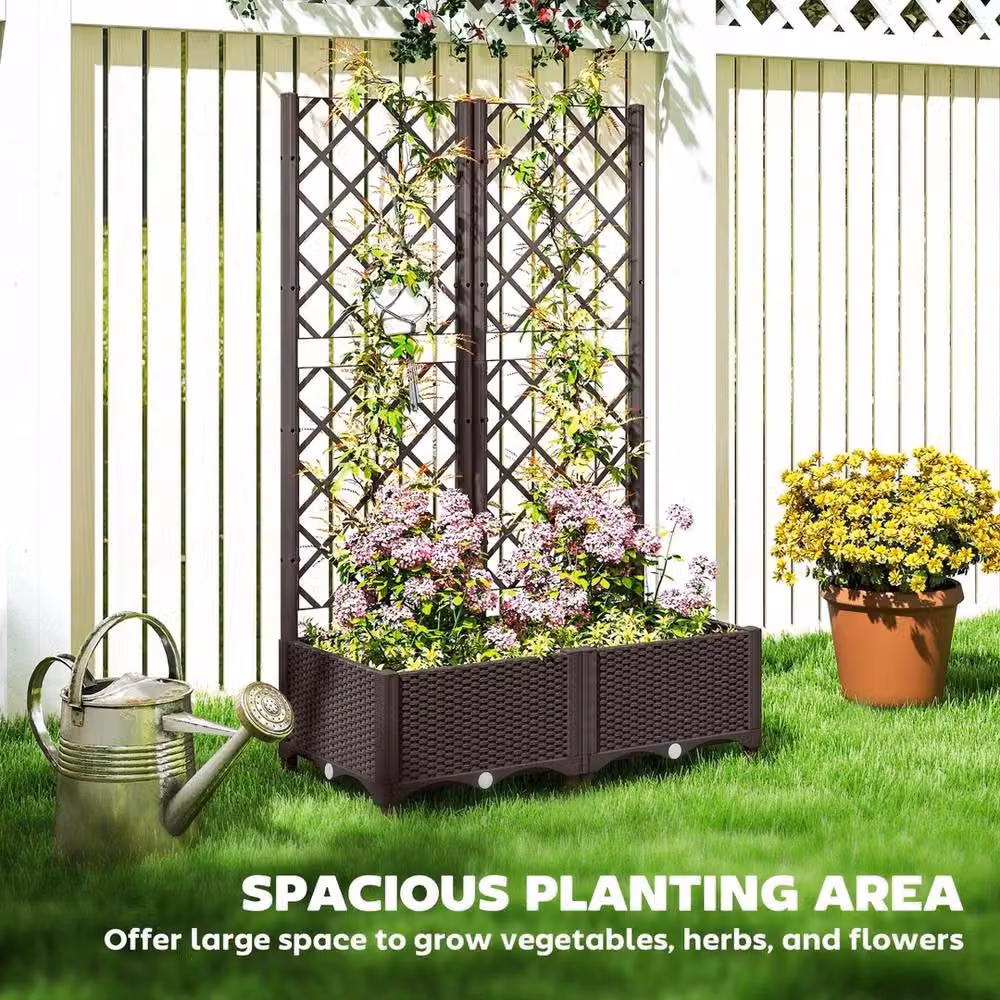 NESTLUNE Brown Plastic Vegetable Planter Box with Trellis, W/D/H: 123 x 80 x 40 cm – 4