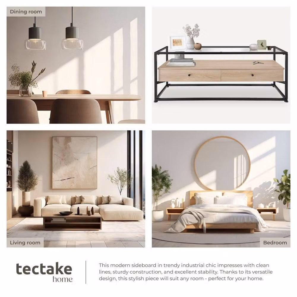 tectake Maidenhead Sideboard in Brown with Safety Glass Tabletop and 2 Large Drawers – 5