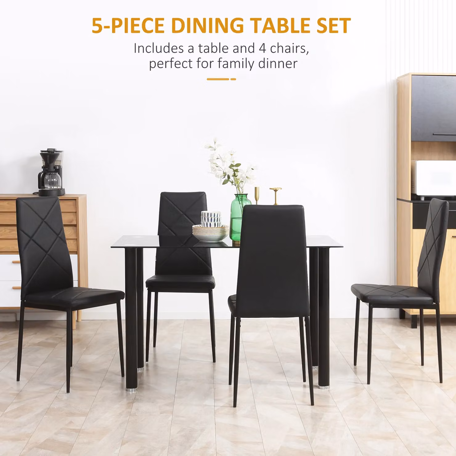 HOMCOM Modern Black Dining Table and 4 Chairs Set with Tempered Glass and Padded Seats – 4