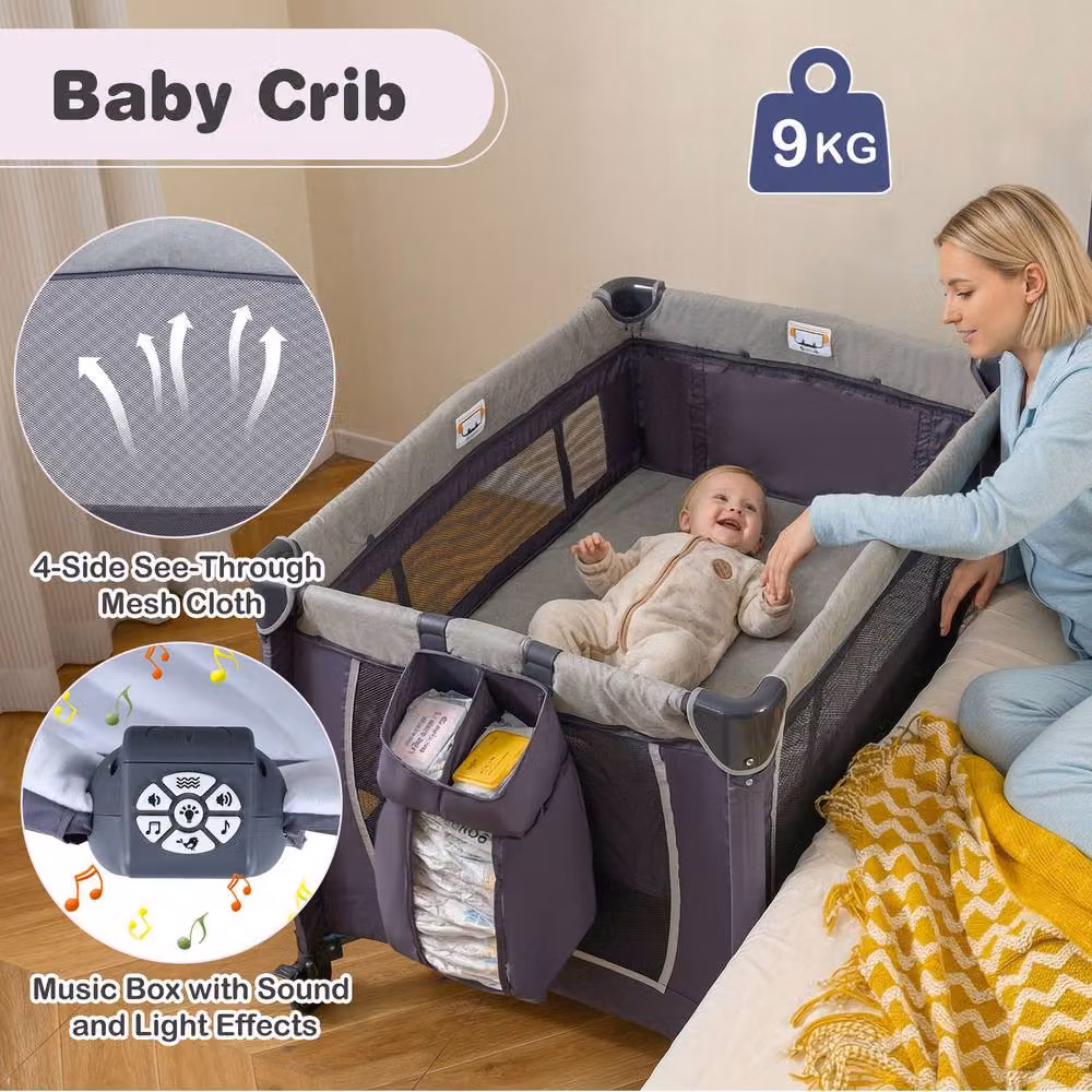 Costway Foldable Pack and Play Portable Baby Playard with Rocking Bassinet and Music Box in Dark Grey – 5