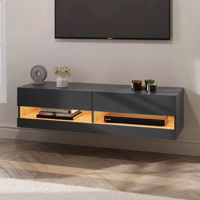 FORGEVIO Minimalist Wall Mounted TV Media Entertainment Unit with Integrated LED Lighting in Anthracite Grey, Width: 120 cm