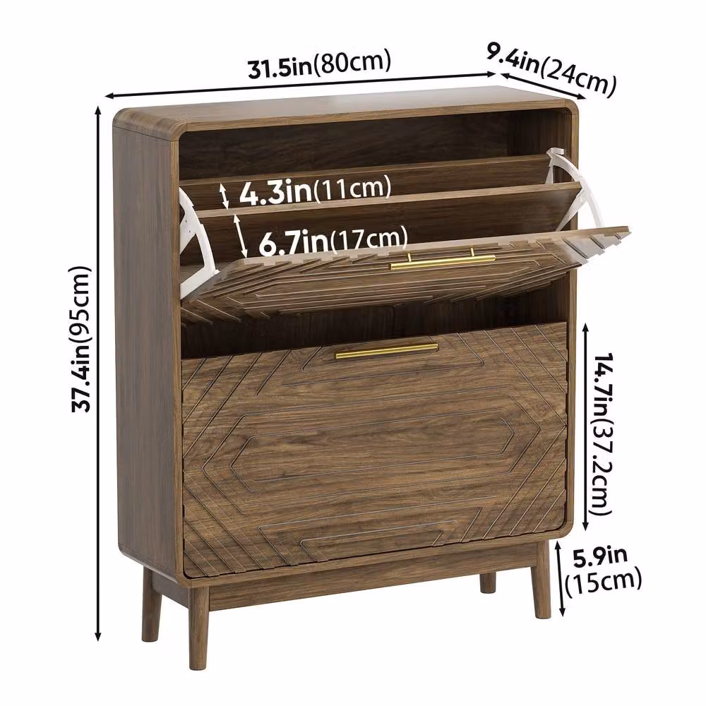 Merax Mid-Century Walnut Shoe Cabinet in Brown with Tilting Compartments and Internal Shelves, W: 80 cm, H: 95 cm, D: 24 cm – 3