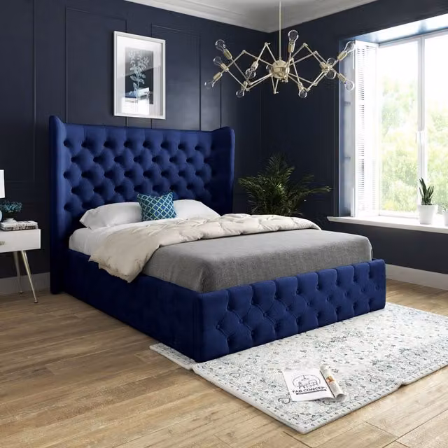 KDMD Florence Wide Winged Upholstered Soft Velvet Blue Bed Frame, Size: Single (90 x 200 cm) – 1
