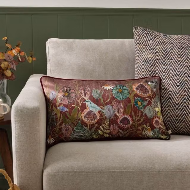 Wylder Floral Printed Chenille Rectangular Cushion in Purple, W: 50 cm, H: 30 cm, D: 30 cm