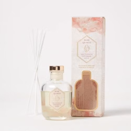 HOMESCAPES Rose Quartz Crystal Reed Diffuser with Rose and Eucalyptus Scent, Pink