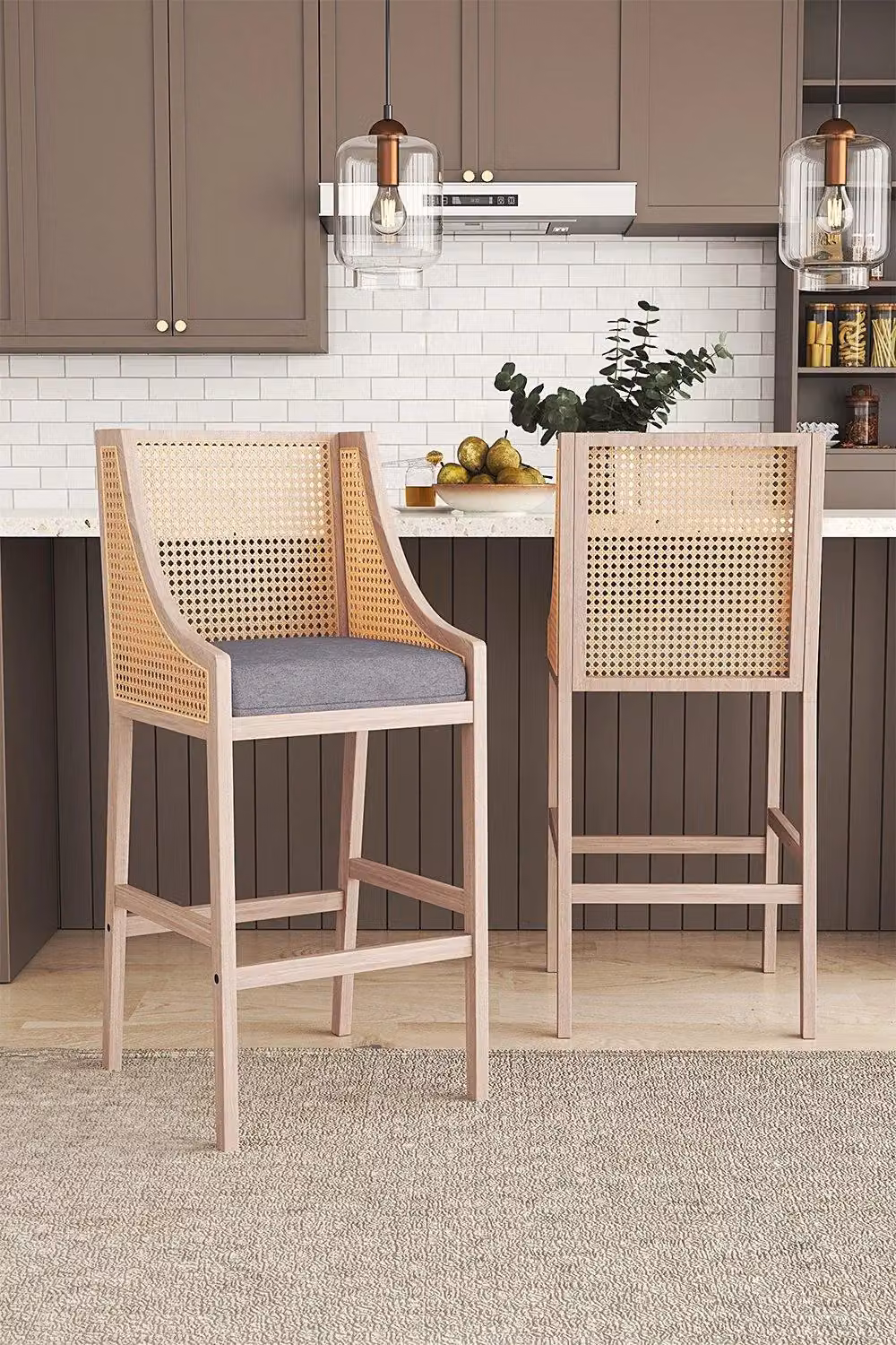 H&O Direct Set of 2 Grey Rattan Bar Stools with Backrests – 2