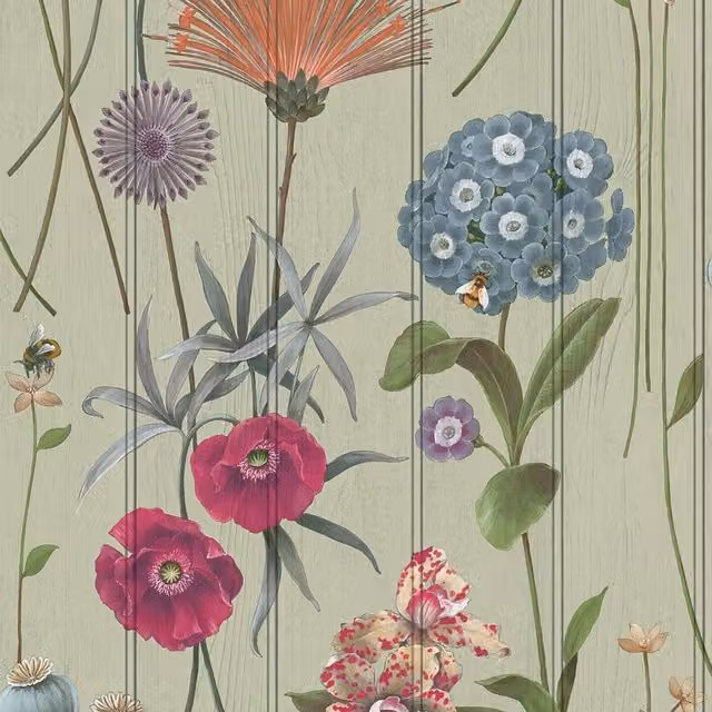 Belgravia Botanist Wood Panel Floral Wallpaper in Green