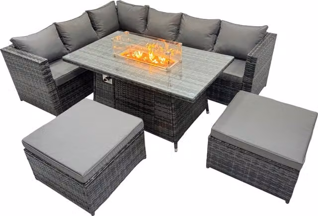 Fimous Rattan Garden Furniture Dining Set with Gas Firepit Table and Corner Sofa in Dark Grey