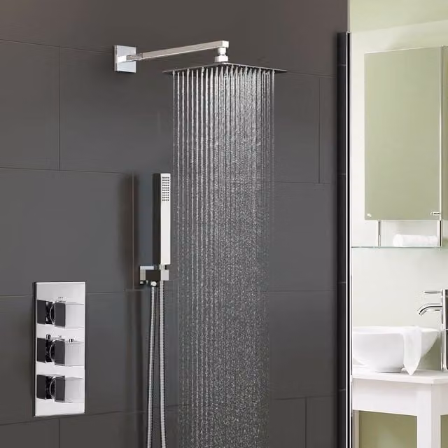 Nes Home Chrome Rose 2 Way Concealed Thermostatic Shower Mixer Valve with 200mm Slim Overhead Shower Set in Silver