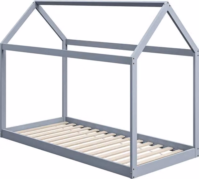 HOMCOM Scandinavian Style Wooden Single Bed Base with House Frame, Grey, W/D: 90 x 190 cm