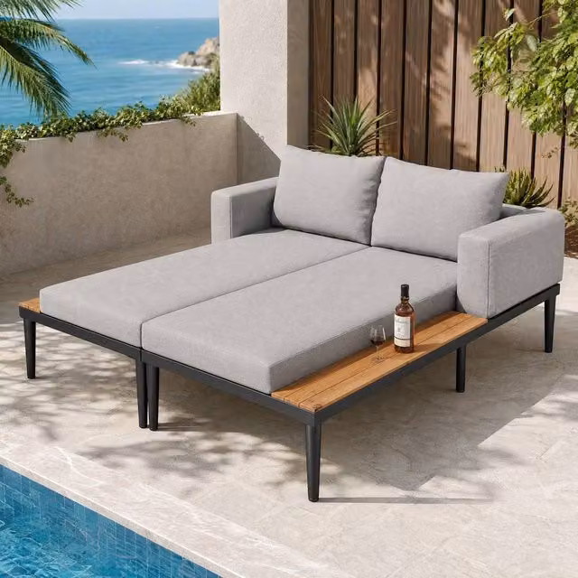 STILVORA Modular Outdoor Double Chaise Lounge with Wooden Side Panels in Grey, W/D/H: 28.5 x 150 x 140 cm – 1