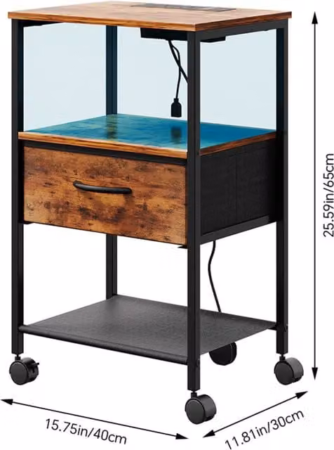 Modern Dark Brown Wood LED Bedside Table with Integrated Lighting and Castors