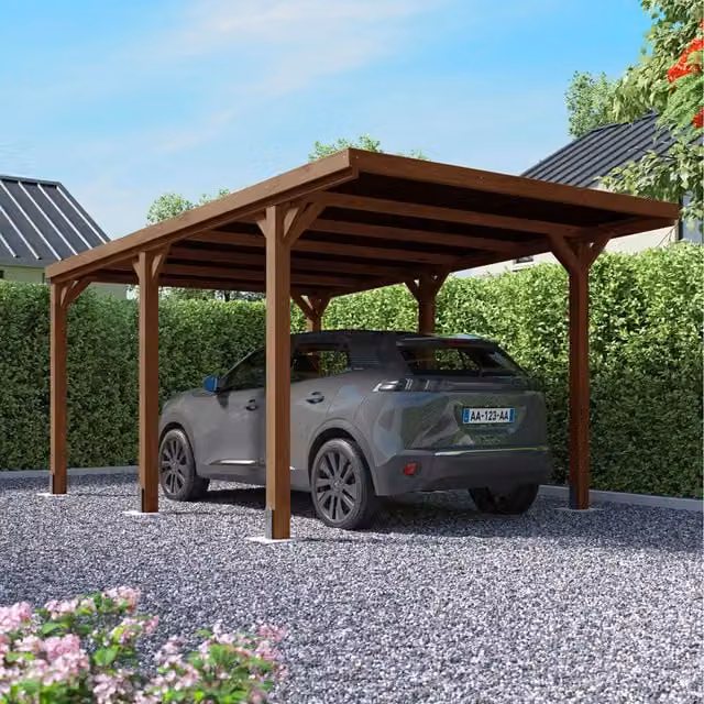 Cerland Victor Brown Wooden Lean-to Pent Carport with Polycarbonate Roof and Surface-Mounted Feet – 1