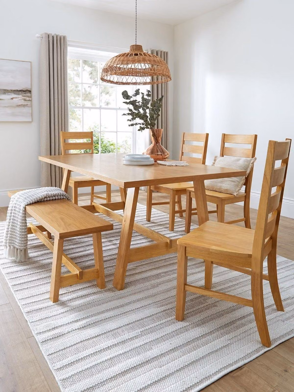 Scottsdale Scandinavian Dining Set with Table, 4 Chairs and Bench in Brown Oak Veneer