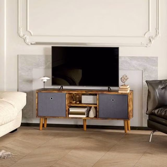 EONLION Rustic Brown Wood TV Cabinet Unit with Shelves, Width: 100 cm