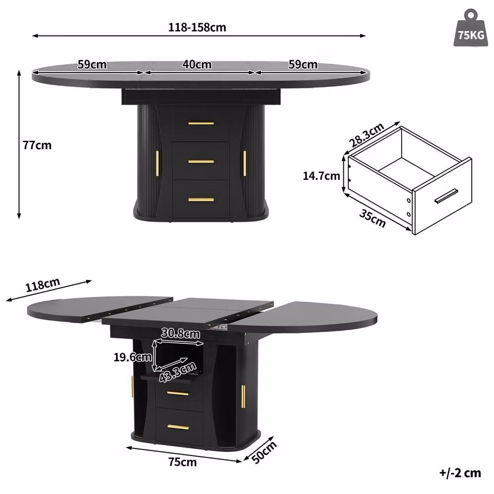Matteo Black MDF Extendable Round to Oval Dining Table, 6 Seater, Matt Finish – 6