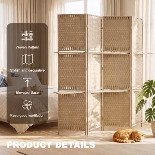 HOMCOM 4-Panel Folding Room Divider with Storage Shelves in Brown and Beige, Height: 180 cm – 2
