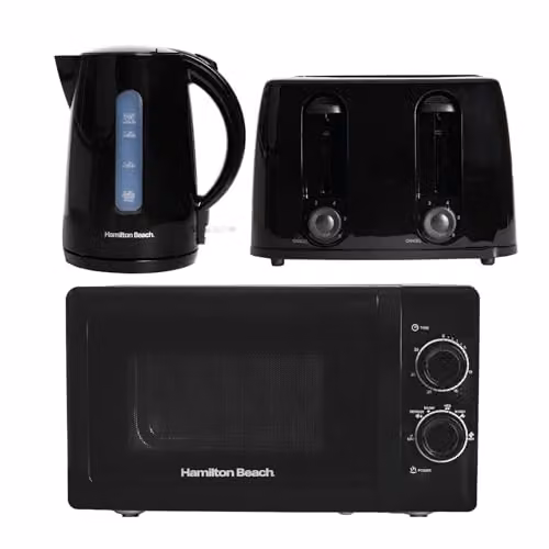 Hamilton Beach Essentials Kitchen Set with 20L Microwave, 2-Slice Toaster and 1.7L Kettle in Black – 3