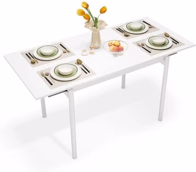 Kelvenix Extendable Rectangular Dining Table in White Glossy MDF and Metal with Butterfly Leaf – 1