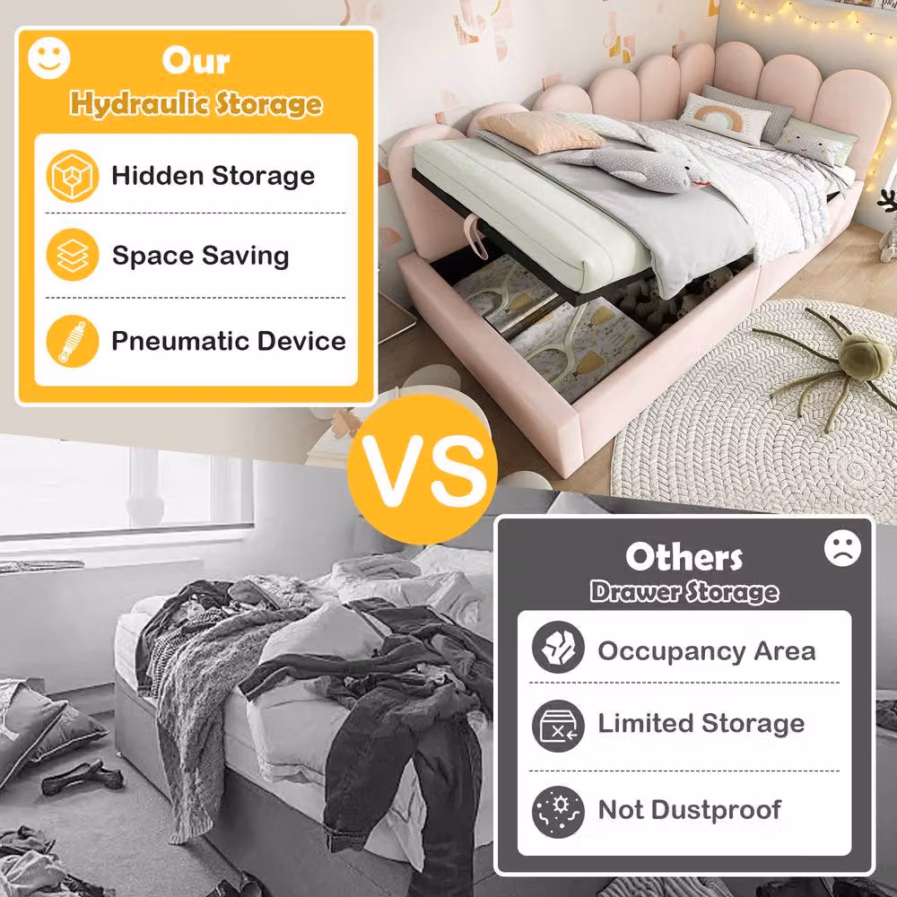 Matteo Single Sofa Bed with Hydraulic Storage in Beige Velvet, W/D/H: 90 x 190 cm – 4