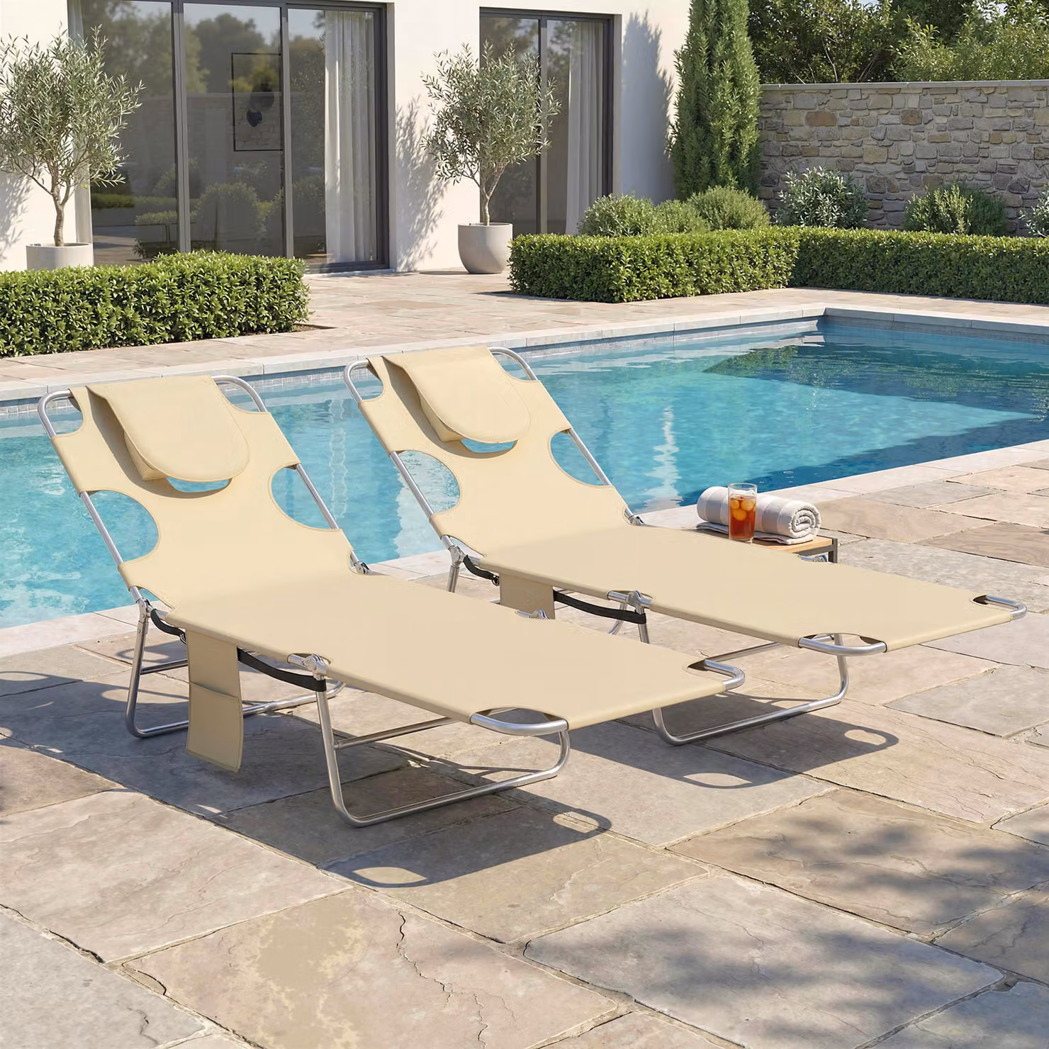 Outsunny Set of 2 Adjustable 5-Position Sun Loungers in Beige with Side Pocket and Reading Hole – 6