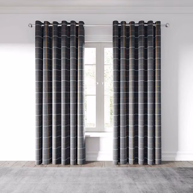 Helena Springfield Harper Checked Lined Eyelet Curtains, Anthracite, Silver and Grey, W: 167.64 cm, H: 228.6 cm