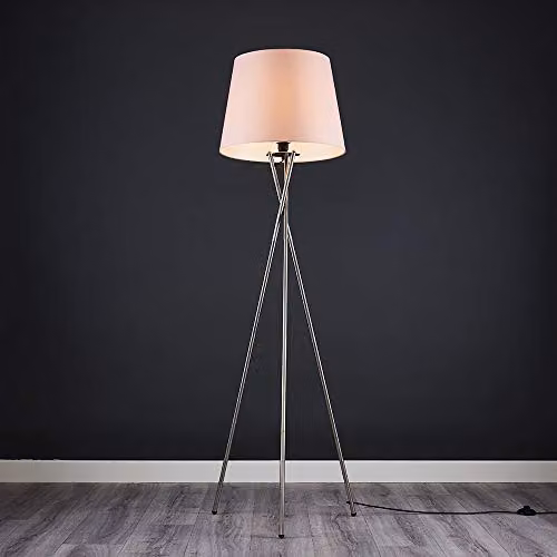 MiniSun Modern Brushed Chrome Floor Lamp with Pink Fabric Tapered Shade and Warm White LED Bulb – 2