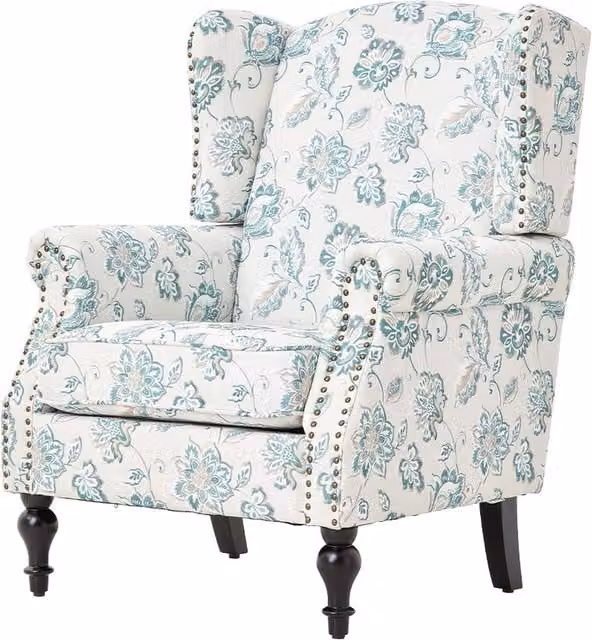 Livingandhome Vintage Floral Upholstered Wingback Armchair with Armrests in White and Green