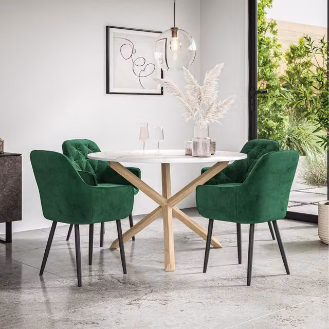 More4Homes Malvern Round Marble Effect Dining Table Set with 4 Green Anika Velvet Chairs and Oak Legs, Diameter: 120 cm, Height: 75 cm
