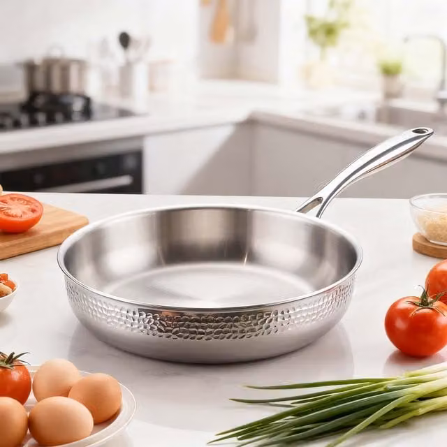 HomeKing Uncoated Stainless Steel Hammered Frying Pan, Silver, Diameter: 26 cm
