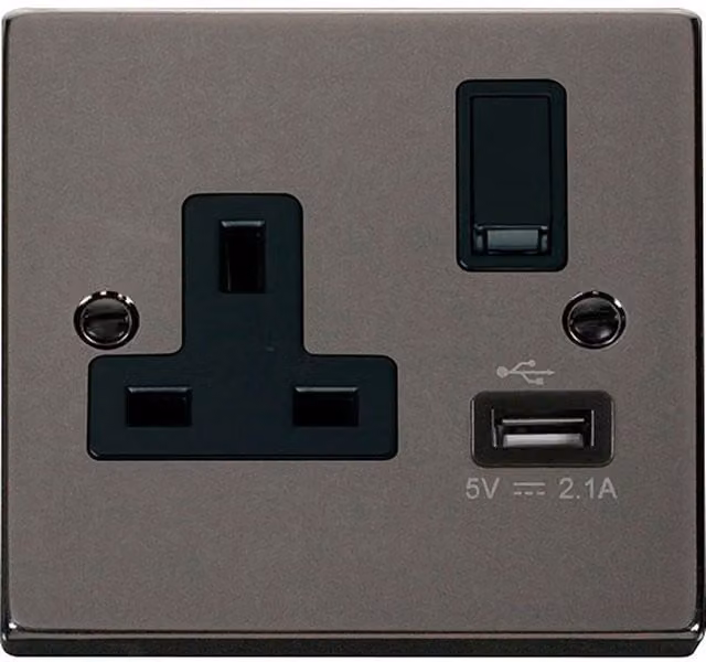 SE HOME Black Nickel 1 Gang 13A DP 1 USB Switched Plug Socket