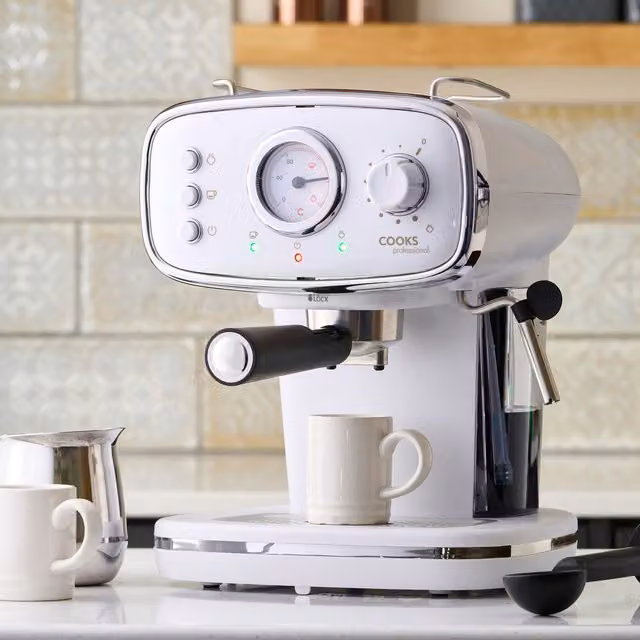 Cooks Professional 15-Bar Retro Espresso Coffee Machine with Steam Wand, White