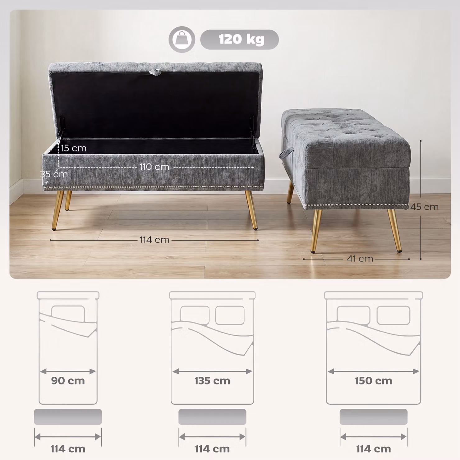 HOMCOM Grey Chenille Upholstered Storage Ottoman with Padded Seat and Metal Legs, W: 114 cm, D: 41 cm, H: 45 cm – 3