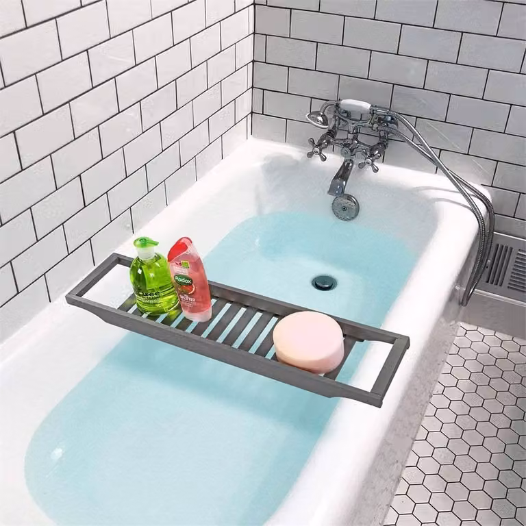 Taylor & Brown Grey Bamboo Bath Tub Caddy Rack and Wooden Bathroom Storage Shelf