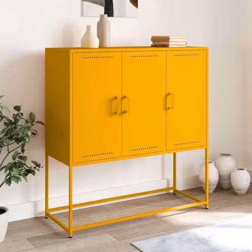 vidaXL Industrial Steel Highboard in Mustard Yellow, W: 100.5 cm, D: 39 cm, H: 107 cm – 2