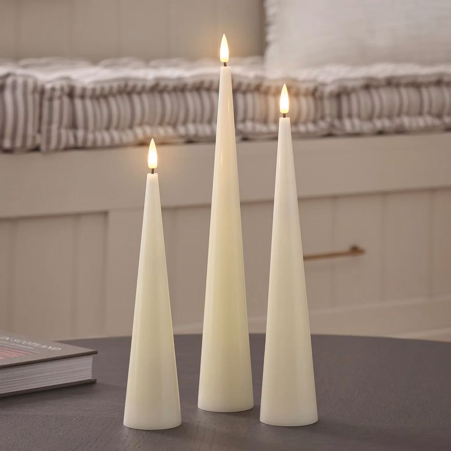 TruGlow® Ivory Slim Cone LED Pillar Candle Trio with Remote Control, Flicker Effect and Timer